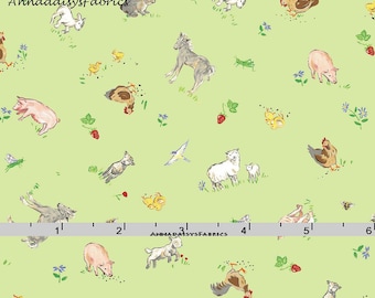 Green Farm Animal Fabric, Farm Quilt Fabric, Red Rooster Fabrics Country Days 26619, Heidi Boyd, Pigs, Sheep, Horses, Rabbit, Goat, Cotton