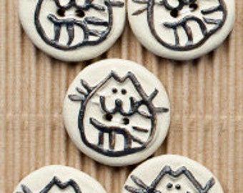 5 Hand Painted Black and White Ceramic Cat Buttons