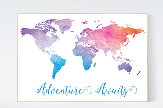 adventure awaits print world map print nursery wall art