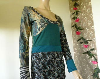 Small Patched Jersey Dress - Hip Snug - up cycled clothing - Funky / Sassy Size S , 8-10, EU34-36