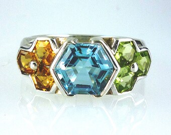 Natural Blue Topaz, Citrine & Peridot Hexagonal Cut stone Ring 925 Sterling Silver