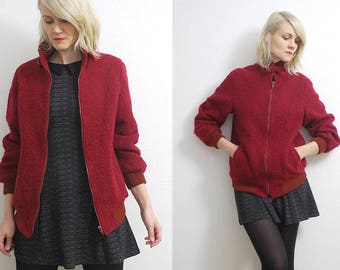 80s cherry red wool jacket. cropped boucle wool coat. wool bomber jacket - small, medium
