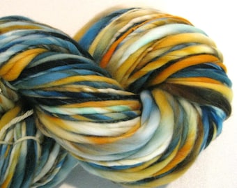 Bulky Handspun Yarn Gourds 130 yards hand dyed wool blue gold white yarn merino wool waldorf doll hair knitting supplies crochet supplies