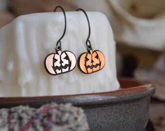 Hocus Pocus Stamped Jack-O-Lantern Pumpkin Earrings for Halloween in Sterling Silver and Copper