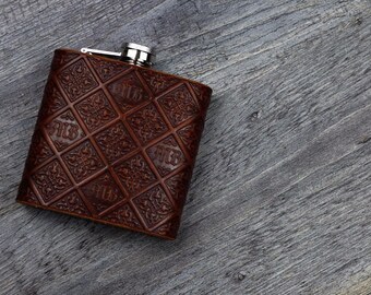 Leather Hip Flask Monogrammed Embossed Gothic Style - 6oz Hand crafted