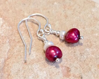 Red drop earrings, freshwater pearl drop earrings, sterling silver drop earrings, red dangle earrings, pearl earrings, silver earrings