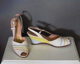 Vintage Shoes 40s Leather Wedge 7.5 AA Peeptoe Slingback White Pink Yellow Blue
