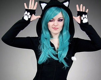 Black cat long hoodie ears animal kitty