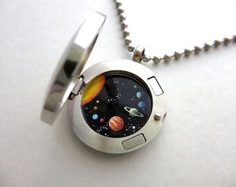 Mini Solar System Hand-Painted Inside Glass and Stainless Steel Locket