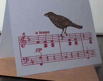 Bird On Music - Gocco Screen-Printed Greeting Card