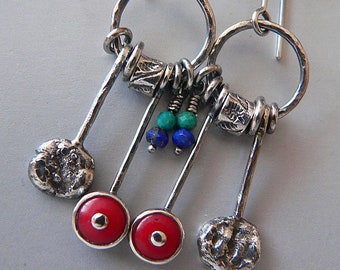 coral and lapis lazuli hoop earrings, sterling silver, coral earrings, long earrings
