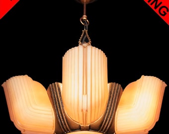 Antique Art Deco Salmon Frosted Glass 6 Light 5 Slip Shade Machine Age Chandelier Lamp Pendant Ceiling Fixture c1940s