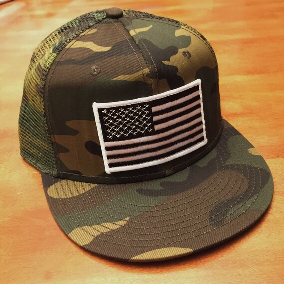 Black and White AMERICAN FLAG/CAMO Trucker Hat Snapback Flat