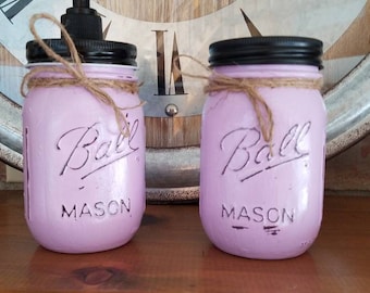 Farmhouse Shabby Chic Distressed Mason Jar Soap Dispenser and toothbrush holder Lilac