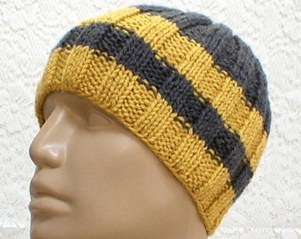 Charcoal gray mustard yellow beanie hat, skull cap, striped hat, gray hat, toque, mens womens knit hat, ski hiking hat, biker cap, chemo cap