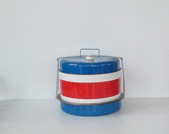 Vintage Metal Pie Cake Food Carrier, 1960s Red White Blue Triple Decker Travel, J.L. Clark 3 Tier Food Transport Traveler