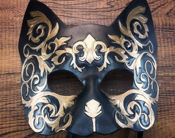 Cat Mask - Black and Gold leather fluer de lis greek victorian steampunk style