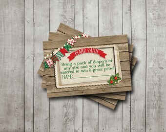 Girl Baby Shower Diaper Raffle Ticket Christmas Holiday Poinsettia Rustic Burlap Red Green Banner Shabby Printable Instant Download Digital