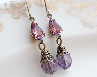 50% Off Price Sale- Czech Glass Bead with Vintage Pink/Purple Glass Teardrop, Antique Brass, Lilac, Filigree