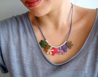 Summer Necklace with Patent Leather Flowers and Silver Tubes