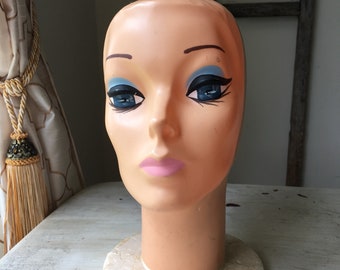 Vintage Plastic over Syrofoam Mannequin Head, Ladies Hat Stand, Wig Stand, Woman's Face Form, Vintage Hat Display Stand, Store Display