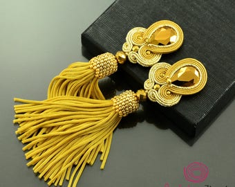 Gold tassel earrings, gold fringe earrings, gold crystal soutache earrings, gold extravagant earrings, long old gold boho earrings, unique