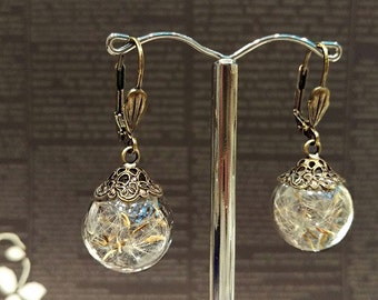 Real Dandelion Glass Globe Earrings, Dandelion Wish Dangle Earrings