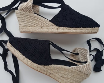 Lace Up Espadrille WEDGES (7cm-2.76i) - BLACK - Made In Spain - www.mumicospain.com