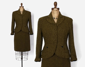 Vintage 50s Green Tweed Suit / 1950s Black & Olive Wool Tailored Blazer Jacket and Pencil Skirt