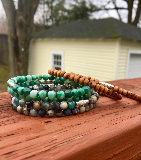 Mixed Faceted Agate & Wood Beaded Stack Bangles