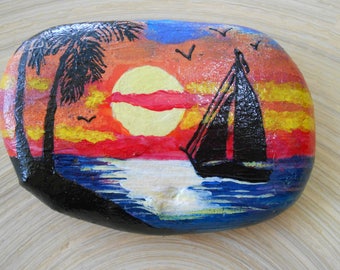 Hand Painted Stones,Home Decor,Painted Rock, Pebble,Acrylic, sunset, exotic. sea, boat