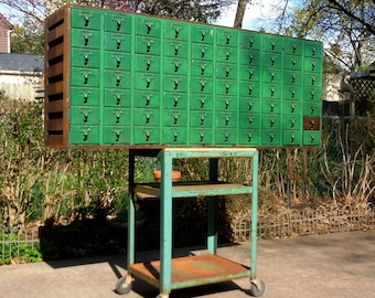 Vintage Industrial Library Card Catalog Cabinet / 70 Drawer Painted Library Card Cabinet / Green / Offered AS IS / Pick Up Available