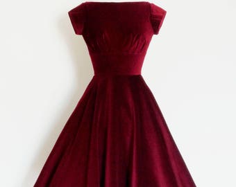 Deep Cherry Red Velvet Evening Dress with Circle Skirt and Cap Sleeves - Made by Dig For Victory