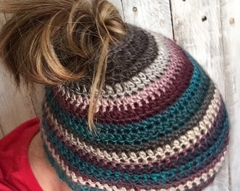 Messy bun hat, messy bun, Handmade hat, women's pony tail hat, ponytail hat, bun hat, crochet hat, women's hat, winter hat, fashion hat