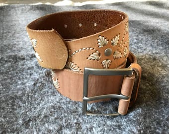 Brown Embroidered Genuine Leather Belt with Metal Buckle Cowgirl Belt Country Boho Hippie Cowboy Tribal Accessories