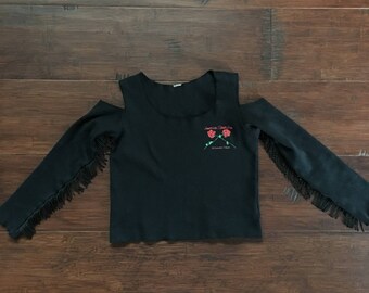 Vintage Biker Rose Fringe Cold Shoulder Top Lady Rider