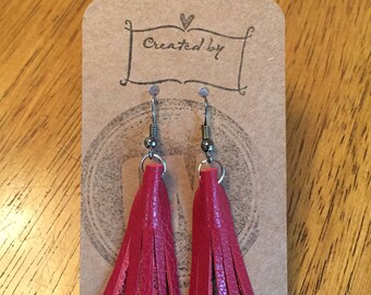 Red Leather Tassel Earrings With Nickel Free Hooks