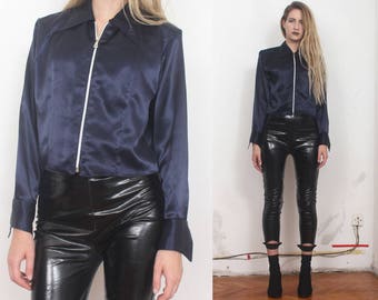 90s navy satn minimal structural zip up crop top shirt s m