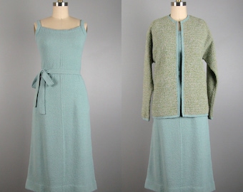Vintage 1950s BONNIE CASHIN Dress and Jacket Set 50s Misty Blue Wool Knit Dress with Coordinating Jacket Size M/L