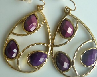 Eggplant Purple Plum Grape Faceted Jewel Geometric Golden Teardrop Dangle Earrings. Jewelry Gifts for Her