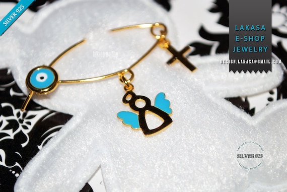 Blue Enamel Angel BabyBoy Brooch Sterling Silver Gold plated Handmade Jewelry Cross Eye HappyShowerDay Christening Religious Baptism Newborn