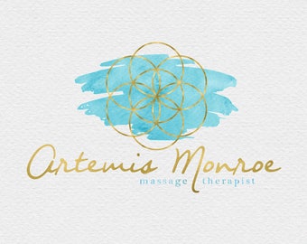 Seed of Life Logo Design , Sacred Geometry Logo , Geometric Logo , Spiritual Logo , Holistic Logo , Watercolor Geometry , Turquoise and Gold