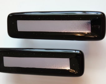 Custom cabinet hardware. Kitchen cabinets. Glass drawer pulls. Art glass knobs. Black and silver home decor. Dichroic glass hardware.