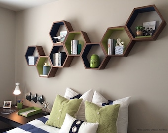 Hexagon Floating Shelves - Honeycomb Shelf - Home Decor - Wood Shelf - Floating Shelves - Mid Century Modern - Minimalist - 3 Grande Shelves