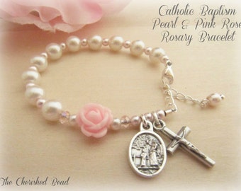 Catholic Baby Girl Baptism Rosary Bracelet with White & Pink Pearl and Rose with Guardian Angel