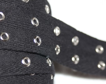 2 yards Black Cotton Twill double row silver eyelet grommet trim tape sewing Lacing costumes