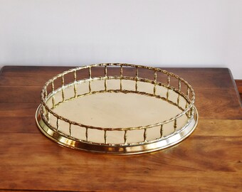 Round Brass Bamboo Tray, Mid Century 14" Diameter Brass Tray, Hollywood Regency Barware Cordial Serving Tray Chinoiserie Brass Plated Vanity