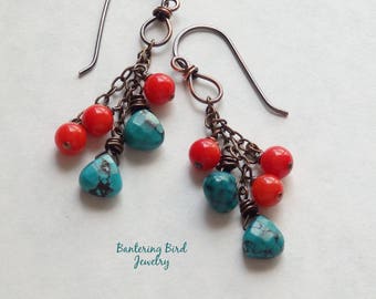 Turquoise and Coral Cluster Earrings, Southwestern Rustic Copper Jewelry