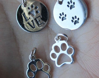 Sterling Silver Round Tag with Three Paw Prints(one), Round tag with Love(one), or two Paw Print charms(two)