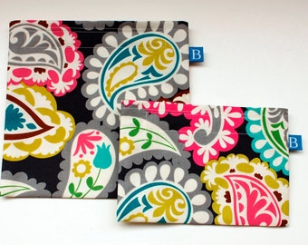 Reuseable Eco-Friendly Set of Snack and Sandwich Bags in Navy Floral Fabric